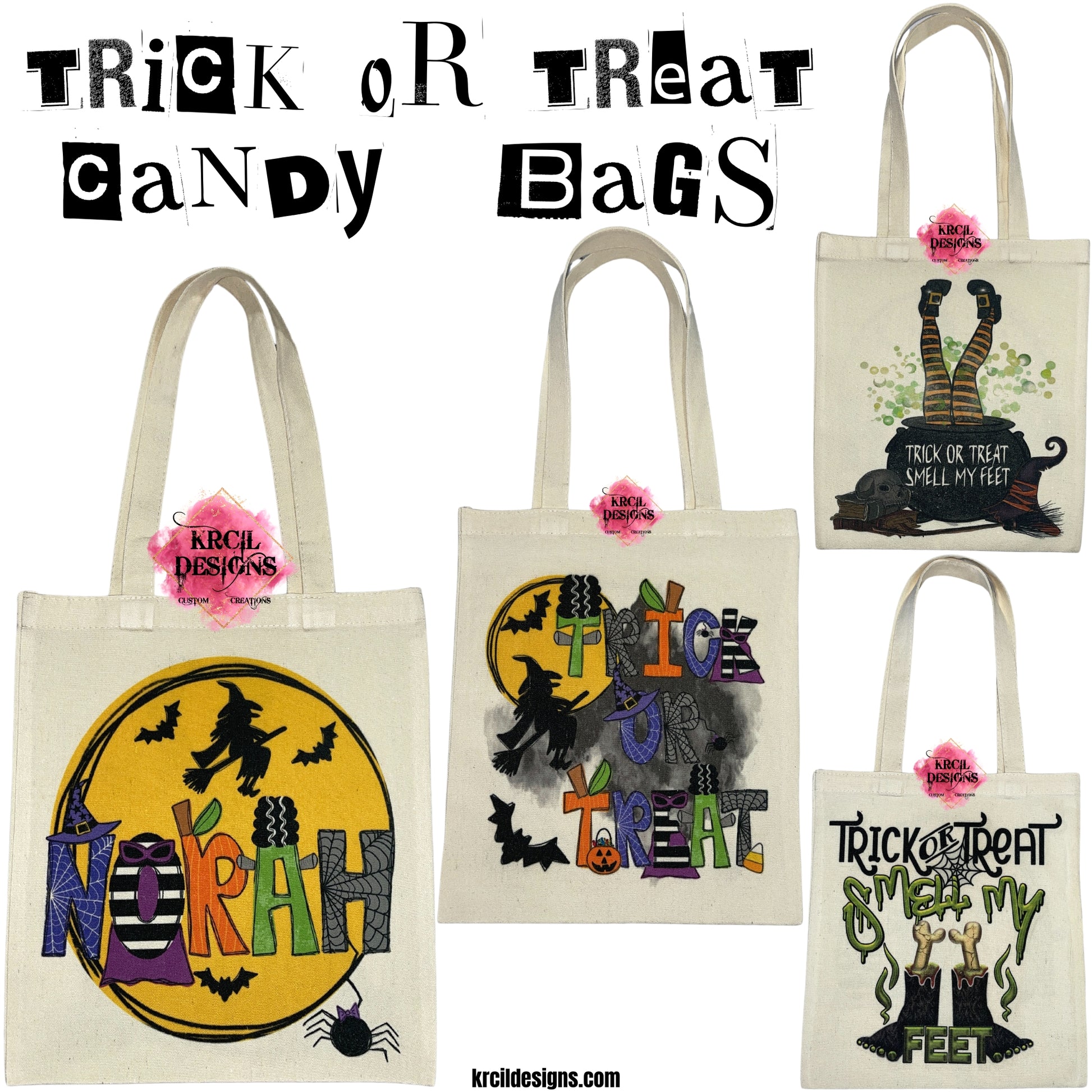 Halloween Trick or Treat Candy Bags Canvas Tote Bag by Krcil Designs | Make a fashion statement with our tote bags—turn your name into wearable art! Show off your style with our custom tote bags—they'll become your new favorite fashion accessory! The ultimate in candy bags for every holiday—stuff them full of treats! Our Halloween treat bags are the perfect Halloween candy bags for trick-or-treat year after year! Grab matching Halloween tote bags for the whole family! Shop Tote Bags at KrcilDesigns.com