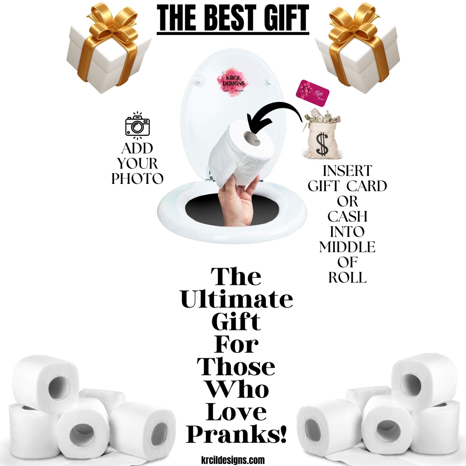 Need a funny gift? These funny toilet paper rolls make great Gag Gifts, Stocking Stuffers, White Elephant Gifts, Secret Santa Gifts, or Funny Bathroom Decor. Perfect for Birthdays, Holidays, or Just for Fun! Design Your Own at KrcilDesigns.com