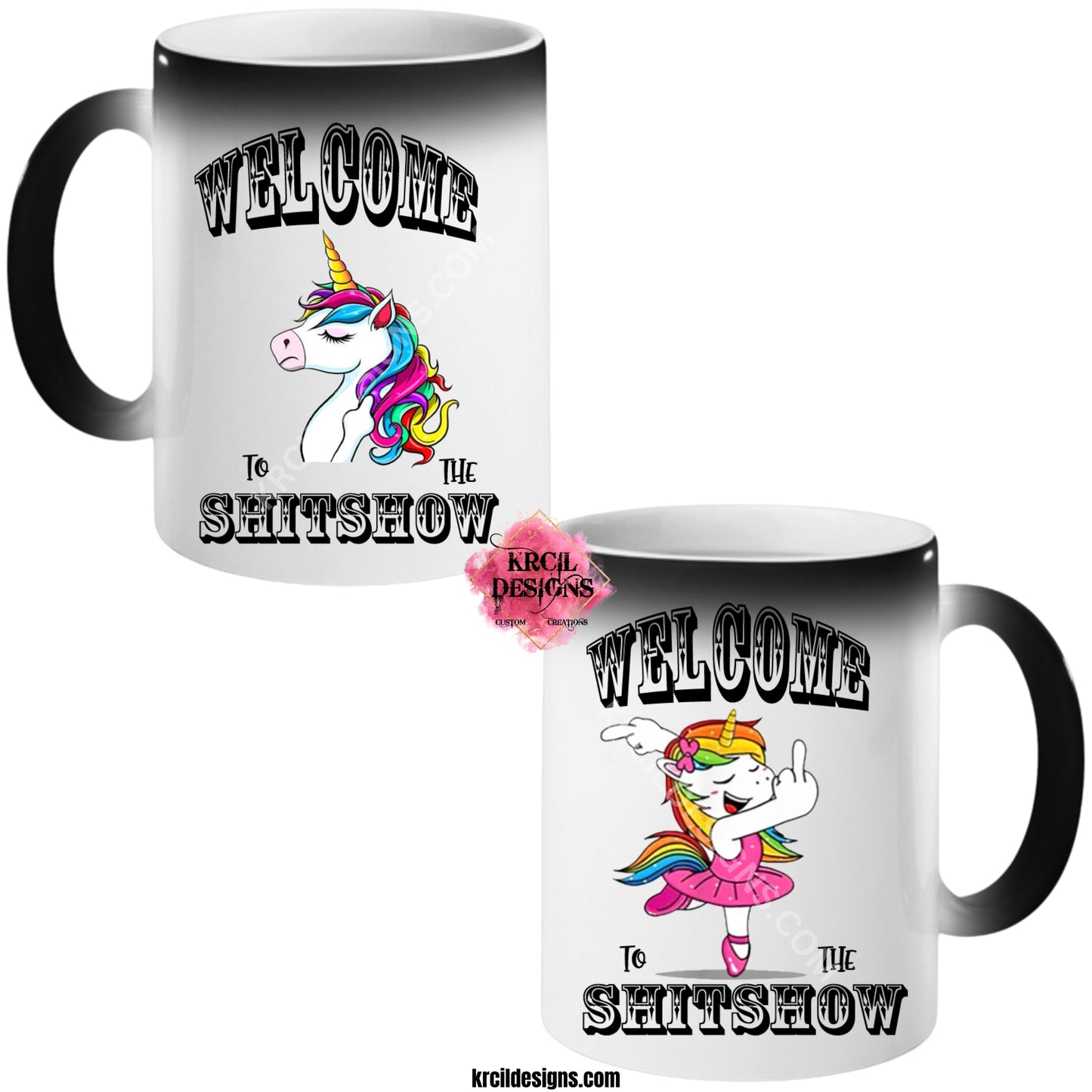 "WELCOME to the SHITSHOW" Sarcastic and Funny Double Trouble Unicorn Magic Mug by Krcil Designs | Our Magic Mugs are black color change coffee cups, when you add hot liquid, they change from black to white, revealing your design, it’s like magic, and that’s why we named them our Magic Mugs. Add our dish cloth and tea towel set. For the ultimate coffee lovers gift, explore our sets and bundles. Get ready to add a touch of unicorn magic to your day! KrcilDesigns.com