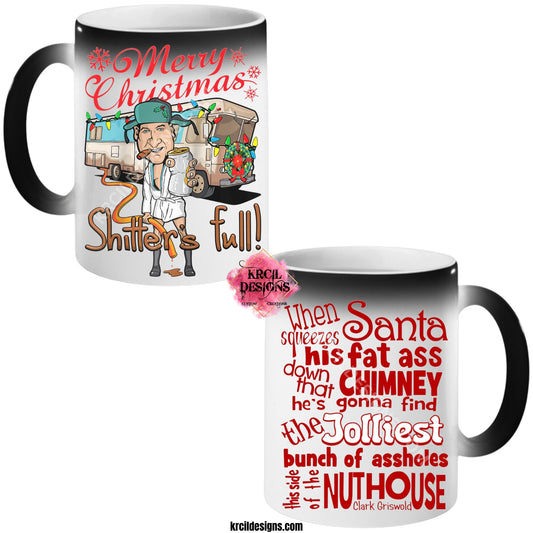 "Merry Christmas Shitter's Full" National Lampoon's Christmas Vacation Magic Mug by Krcil Designs | Our Magic Mugs are black color change coffee cups, when you add hot liquid, they change from black to white, revealing your design, it’s like magic, and that’s why we named them our Magic Mugs. Add our dish cloth tea towel set. For the ultimate coffee lovers gift, explore our sets and bundles. Get ready to add a touch of holiday magic to your day! KrcilDesigns.com