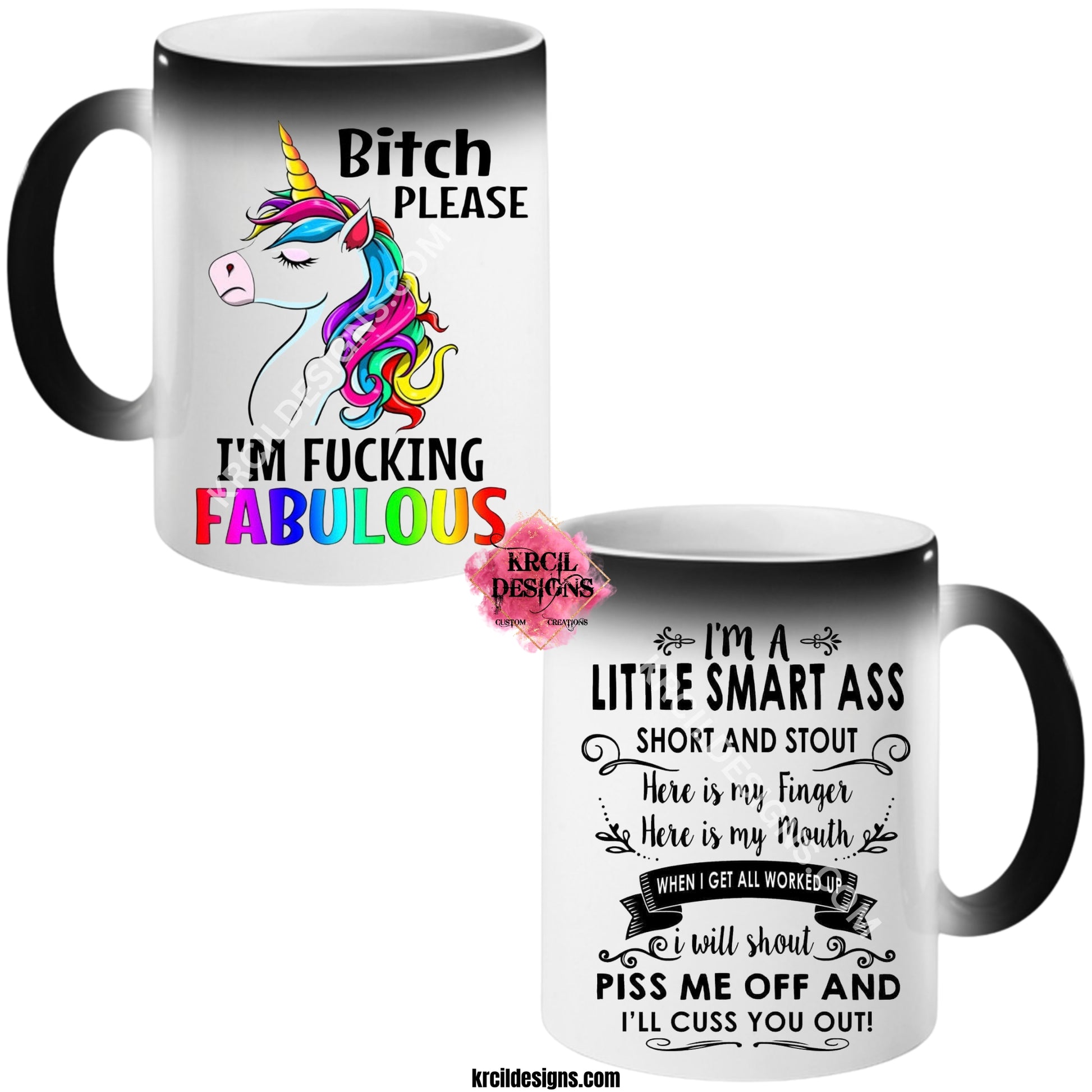 "Bitch Please I'm Fucking Fabulous" Rainbow Unicorn Magic Mug by Krcil Designs | Our Magic Mugs are black color change coffee cups, when you add hot liquid, they change from black to white, revealing your design, it’s like magic, and that’s why we named them our Magic Mugs. Add our dish cloth tea towel set. For the ultimate coffee lovers gift, explore our sets and bundles. Get ready to add a touch of unicorn magic to your day! KrcilDesigns.com