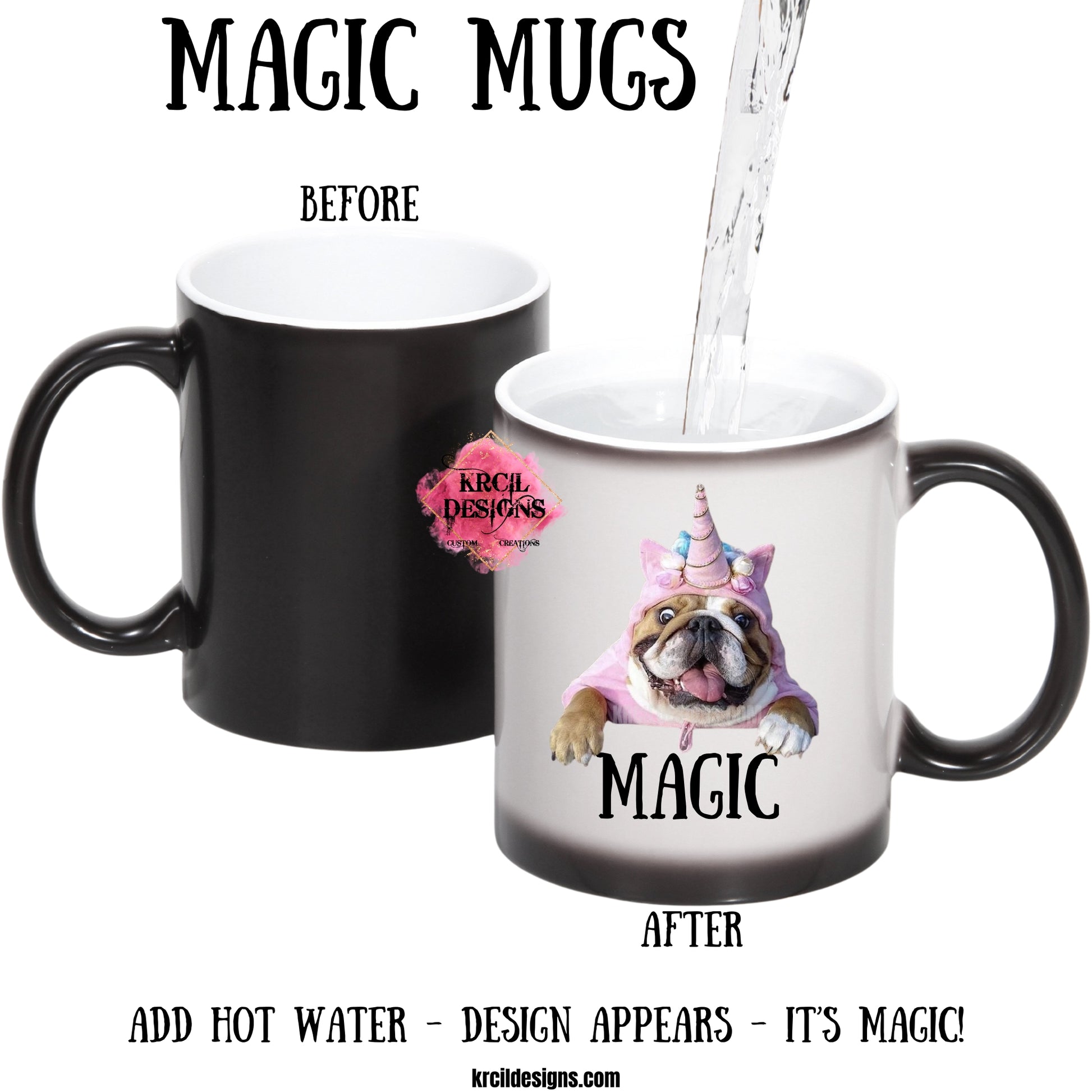 Magic Mugs are color change coffee cups, when you add hot liquid, they change from black to white, revealing design, it’s magic! Add our kitchen towels, dish towels, and dish cloths. For the ultimate coffee lovers gift, check out our sets and bundles. Shop Magic Mugs at KrcilDesigns.com