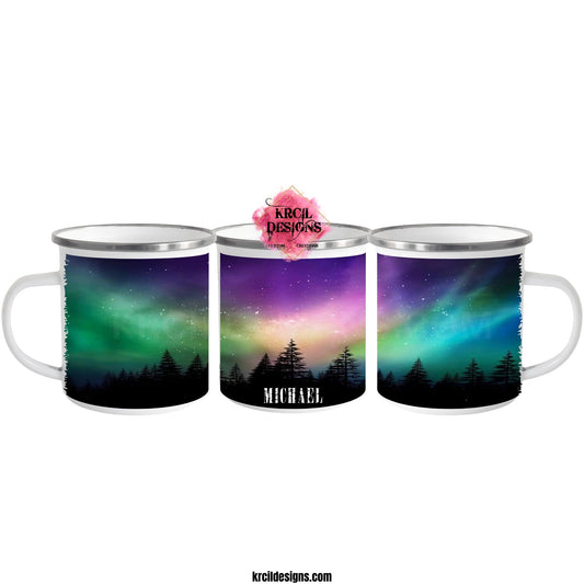 Northern Lights Camp Mug Personalized Metal Enamel Mug by Krcil Designs | Let our custom coffee cups do the talking with our collection of personalized coffee cups. Personalize It - add name, monogram, make a one-of-a-kind picture collage photo cup - the picture-perfect present! Add our dish cloth and tea towel set, perfectly paired with our cups and mugs. For the ultimate coffee lovers gift, explore our sets and bundles. KrcilDesigns.com