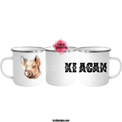 Pig Camp Mug Personalized Metal Enamel Mug by Krcil Designs | Let our custom coffee cups do the talking with our collection of personalized coffee cups. Personalize It - add name, monogram, make a one-of-a-kind picture collage photo cup - the picture-perfect present! Add our dish cloth and tea towel set, perfectly paired with our cups and mugs. For the ultimate coffee lovers gift, explore our sets and bundles. KrcilDesigns.com