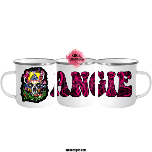 PSYCHEDELIC Skull Mushrooms Camp Mug Personalized Metal Enamel Mug by Krcil Designs | Let our custom coffee cups do the talking with our collection of personalized coffee cups. Personalize It - add name, monogram, make a one-of-a-kind picture collage photo cup - the picture-perfect present! Add our dish cloth and tea towel set, perfectly paired with our cups and mugs. For the ultimate coffee lovers gift, explore our sets and bundles. KrcilDesigns.com