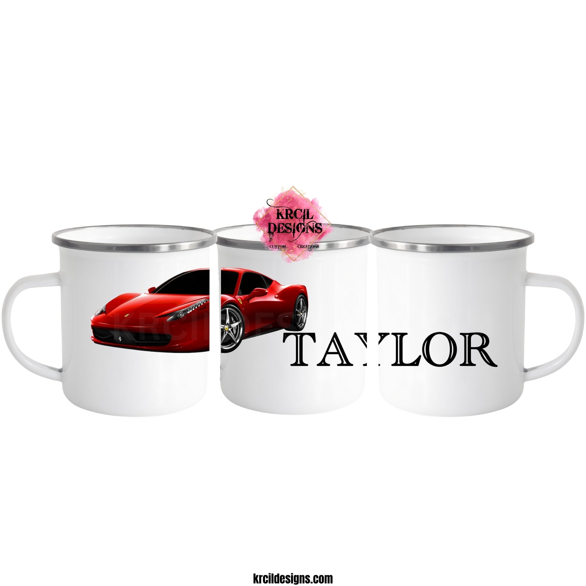 Red Sports Car Camp Mug Personalized Metal Enamel Mug by Krcil Designs | Let our custom coffee cups do the talking with our collection of personalized coffee cups. Personalize It - add name, monogram, make a one-of-a-kind picture collage photo cup - the picture-perfect present! Add our dish cloth and tea towel set, perfectly paired with our cups and mugs. For the ultimate coffee lovers gift, explore our sets and bundles. KrcilDesigns.com