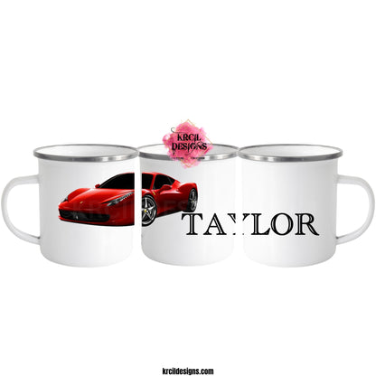 Red Sports Car Camp Mug Personalized Metal Enamel Mug by Krcil Designs | Let our custom coffee cups do the talking with our collection of personalized coffee cups. Personalize It - add name, monogram, make a one-of-a-kind picture collage photo cup - the picture-perfect present! Add our dish cloth and tea towel set, perfectly paired with our cups and mugs. For the ultimate coffee lovers gift, explore our sets and bundles. KrcilDesigns.com