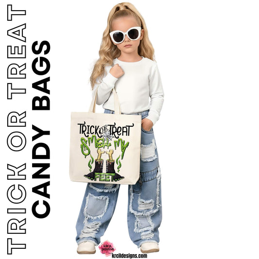 Monster Feet "Trick-or-Treat, Smell My Feet" Candy Bags Halloween Tote Bags by Krcil Designs | Unveiling our Monstrously Marvelous Monster, starring our quirky, hairy black monster feet boasting vibrant green toe nails and bones sticking out – because even monsters need some bone-chilling style while they hunt for candy! Personalize It - add name, initials, monogram, or special message. Durable, Reusable, Washable. Give the ultimate gift, add a cup, or t-shirt! Shop Candy Bags at KrcilDesigns.com
