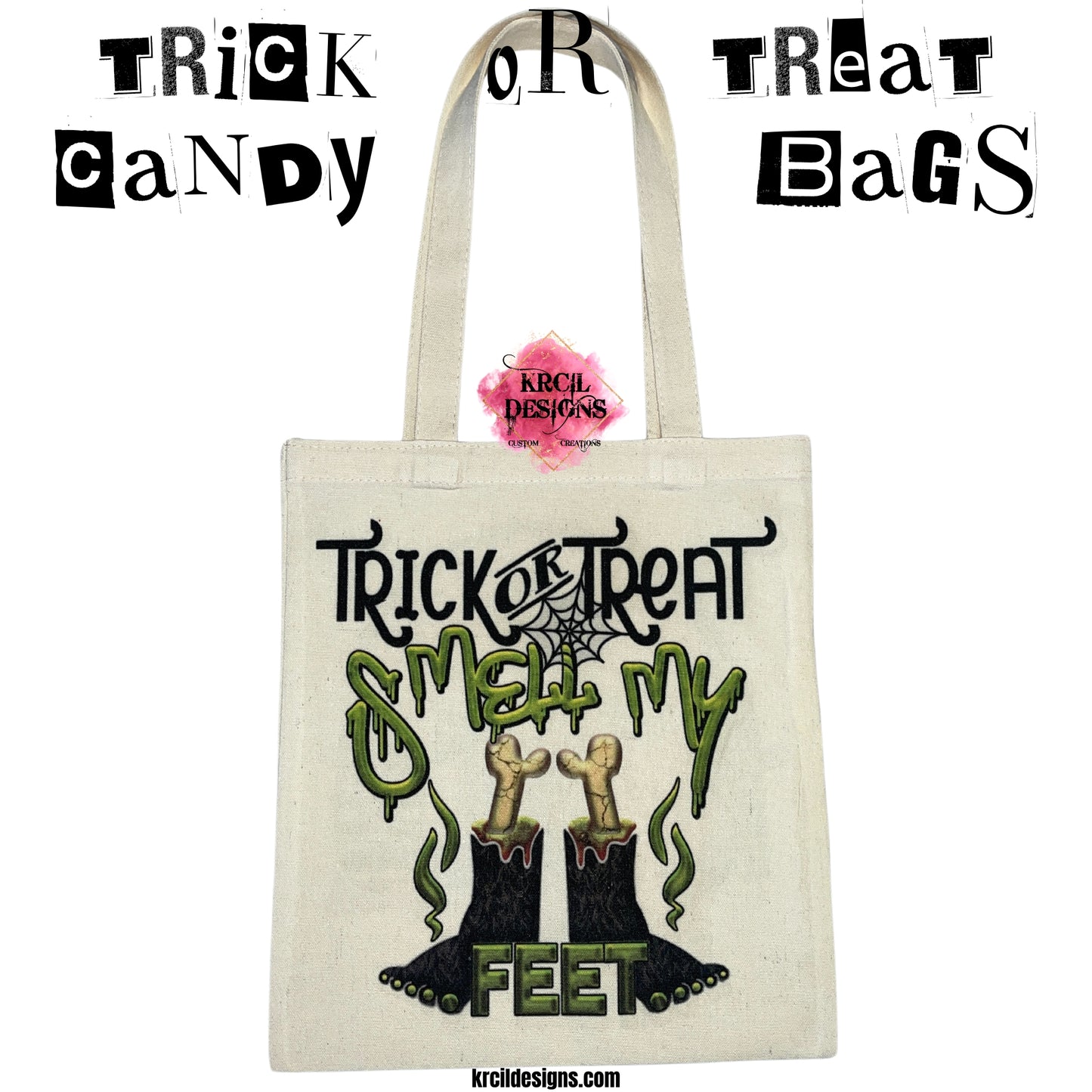 Monster "Trick-or-Treat, Smell My Feet" Halloween Candy Bag Tote Bag by Krcil Designs | Unveiling our Monstrously Marvelous Monster, starring our quirky, hairy black monster feet boasting vibrant green toe nails and bones sticking out – because even monsters need some bone-chilling style while they hunt for candy! Personalize It - add name, initials, monogram, or special message. Durable, Reusable, Washable. Give the ultimate gift, add a cup, or t-shirt! KrcilDesigns.com