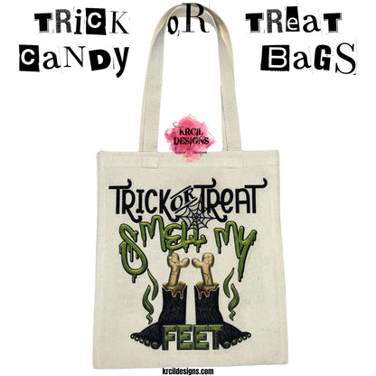 Monster "Trick-or-Treat, Smell My Feet" Halloween Candy Bag Tote Bag by Krcil Designs | Unveiling our Monstrously Marvelous Monster, starring our quirky, hairy black monster feet boasting vibrant green toe nails and bones sticking out – because even monsters need some bone-chilling style while they hunt for candy! Personalize It - add name, initials, monogram, or special message. Durable, Reusable, Washable. Give the ultimate gift, add a cup, or t-shirt! KrcilDesigns.com