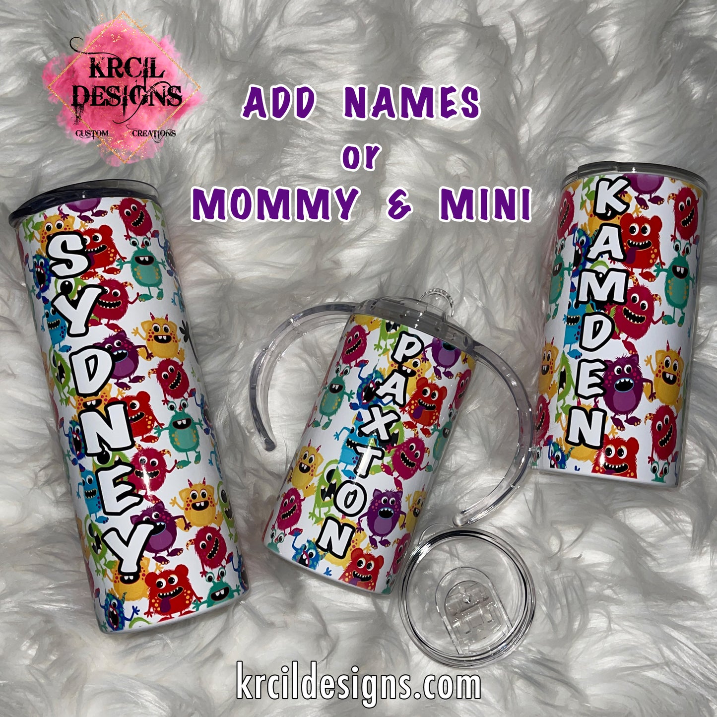 Brace yourself for cuteness overload with our Monster Mommy and Me Personalized Tumbler Set by Krcil Designs | Personalize It - add names, Mommy and Mini, Daddy and Mini | Not just for MOM get one for DAD | ADD 12oz.Tumblers perfect for the older kids | Additional Sippy Cups Available | Set includes 1-20oz./30oz. and 1-12oz. Sippy Cup | Insulated stainless steel tumblers include a plastic slide top lid and metal or plastic straw. SIPPY Cup Tumblers include 2 Lids-SIPPY Handle/Screw On. KrcilDesigns.com