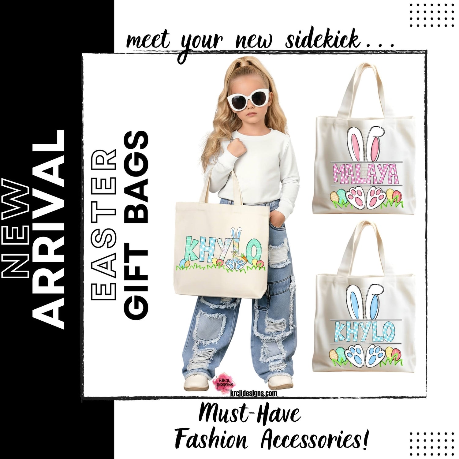 Easter Personalized Tote Bags by KrcilDesigns.com | Graphic design on a canvas tote bag, features your name, the letters are in different easter pastel patterns, one letter has a pink or blue Easter bunny character with bunny ears, bunny feet, and bunny tail, other letters have bunnies hop into them. Surrounding the letters are colorful Easter eggs, carrots, and the letters atop a row of grass. Add the kids names and make it truly yours!