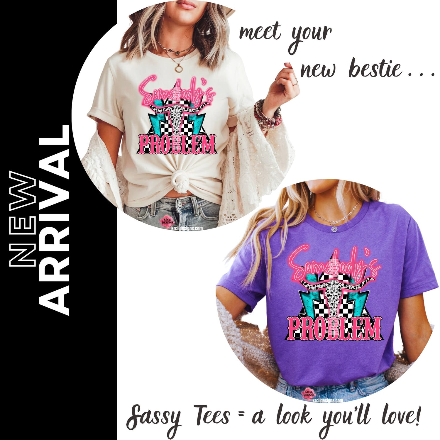 New Arrival! Funny Shirts Graphic Tees T-Shirts by KrcilDesigns.com | Graphic design on a white and purple t-shirt, featuring hot pink text that reads: "Somebody's PROBLEM" with "Somebody's" as a handwritten font at top and "PROBLEM" in all caps block-letter font at bottom, with cowhide bullhorns at its center, black and white checkered triangle background, and turquoise lighting bolts.
