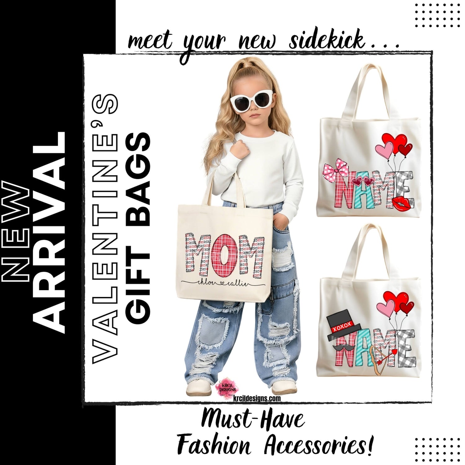 Your Name Valentines Tote Bag by Krcil Designs | Make a fashion statement with our custom tote bags. Featuring Valentine-themed letters, where playful letters are topped with a pink/black top hat, pink and white polka dot bow, a mustache, pink heart sunglasses, red lips, cupid's bow and arrow, pink and red heart balloons. Our Valentines treat bags are the perfect Valentines candy bags for Valentines gifts for class! Grab matching candy bags for the whole family! Shop Valentines Bags at KrcilDesigns.com