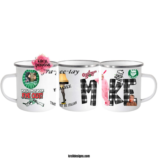 krcil designs a christmas story quotes mugs, 12oz white metal enamel camp cup with silver rim, featuring the leg lamp with fragile it must be italian, ralphie in pink bunny suit, and triple dog dare you quote, personalized name in black and white plaid letters with ralphie and bar of soap accents, custom gifts, gillette wyoming