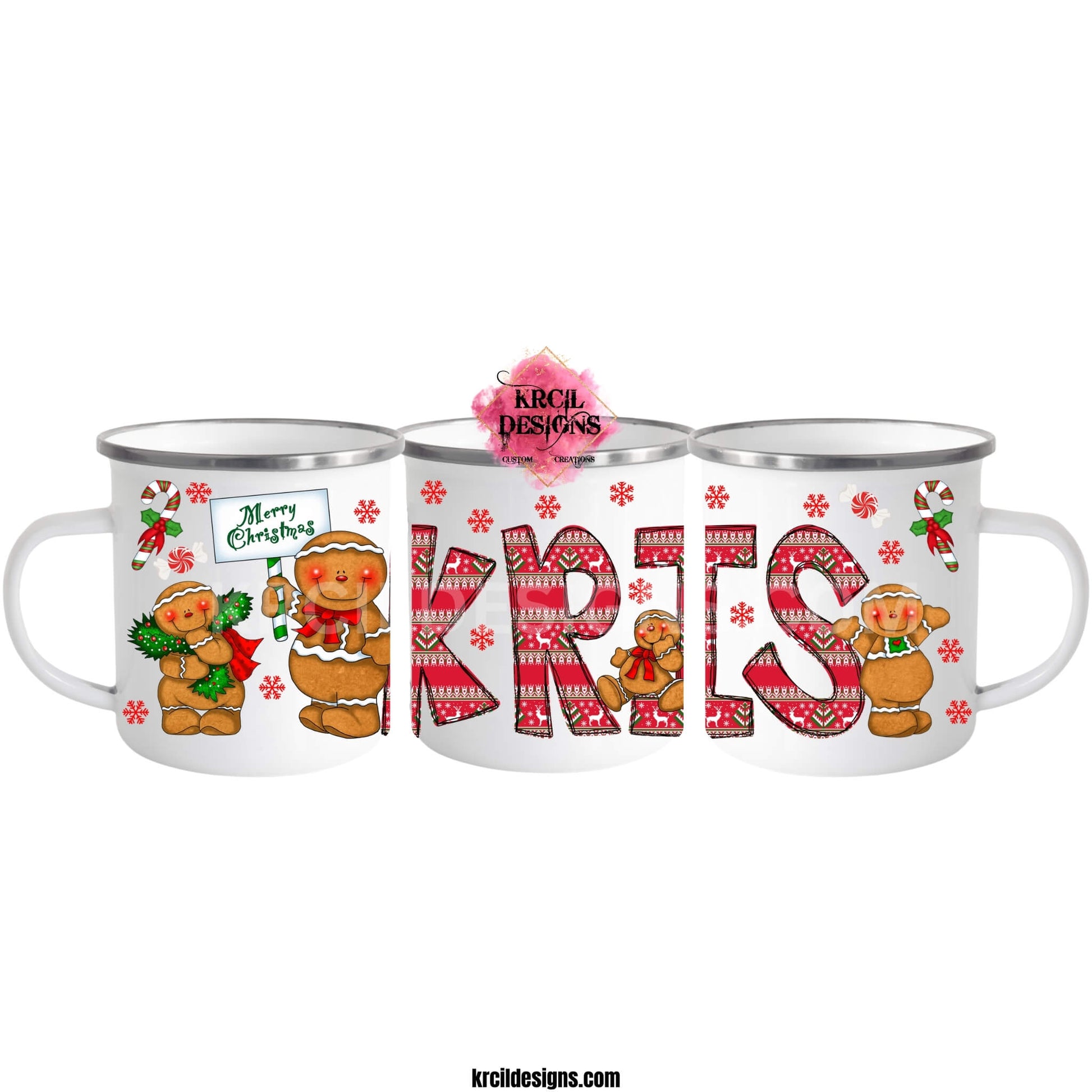 Your Name Gingerbread Personalized Christmas Mugs by Krcil Designs | Add a dash of Christmas Magic to the little ones' holiday traditions with their own holiday mug featuring their Name, in style ugly sweater Christmas letters, adorned with gingerbread dancing in and around the letters, and candy canes. Perfect for Christmas Movie Night, just add hot cocoa, marshmallows, and sprinkles! Great idea for the arrival of Elf on the Shelf! Make this Christmas magical! Shop Christmas Mugs at KrcilDesigns.com