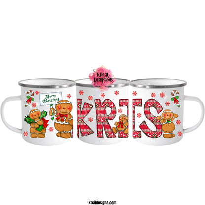Your Name Gingerbread Personalized Christmas Mugs by Krcil Designs | Add a dash of Christmas Magic to the little ones' holiday traditions with their own holiday mug featuring their Name, in style ugly sweater Christmas letters, adorned with gingerbread dancing in and around the letters, and candy canes. Perfect for Christmas Movie Night, just add hot cocoa, marshmallows, and sprinkles! Great idea for the arrival of Elf on the Shelf! Make this Christmas magical! Shop Christmas Mugs at KrcilDesigns.com