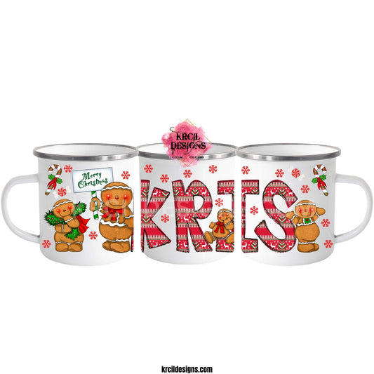 Your Name Gingerbread Personalized Christmas Mugs by Krcil Designs | Add a dash of Christmas Magic to the little ones' holiday traditions with their own holiday mug featuring their Name, in style ugly sweater Christmas letters, adorned with gingerbread dancing in and around the letters, and candy canes. Perfect for Christmas Movie Night, just add hot cocoa, marshmallows, and sprinkles! Great idea for the arrival of Elf on the Shelf! Make this Christmas magical! Shop Christmas Mugs at KrcilDesigns.com