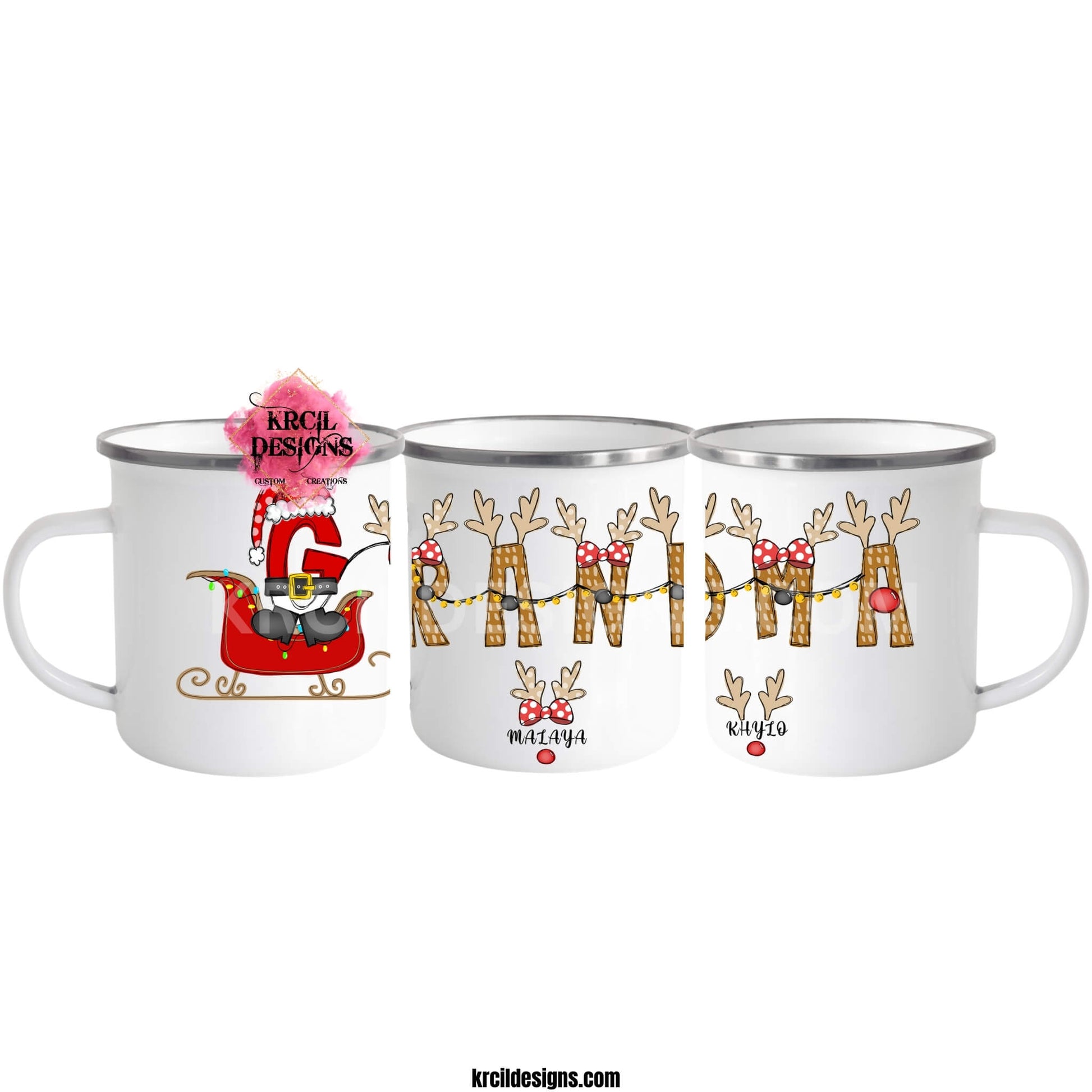 Christmas Personalized Coffee Mugs by KrcilDesigns.com | Graphic Design on a white camp mug, reads: "GRANDMA" stars a "G" that's gone full Santa mode, dressed up in Santa's Suit and Santa's Hat, riding in Santa's sleigh with twinkling Christmas lights, while the rest of the "Grandma" letters are transformed into Santa's Reindeer. Featuring reindeer antlers, bows, and Rudolph's Red Nose. Add grandkids names as little reindeer! Not just for Grandma, we have them for everyone!