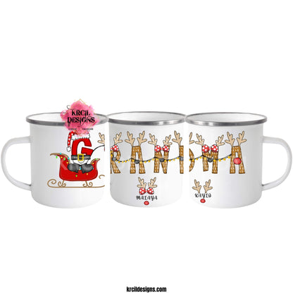 Christmas Personalized Coffee Mugs by KrcilDesigns.com | Graphic Design on a white camp mug, reads: "GRANDMA" stars a "G" that's gone full Santa mode, dressed up in Santa's Suit and Santa's Hat, riding in Santa's sleigh with twinkling Christmas lights, while the rest of the "Grandma" letters are transformed into Santa's Reindeer. Featuring reindeer antlers, bows, and Rudolph's Red Nose. Add grandkids names as little reindeer! Not just for Grandma, we have them for everyone!