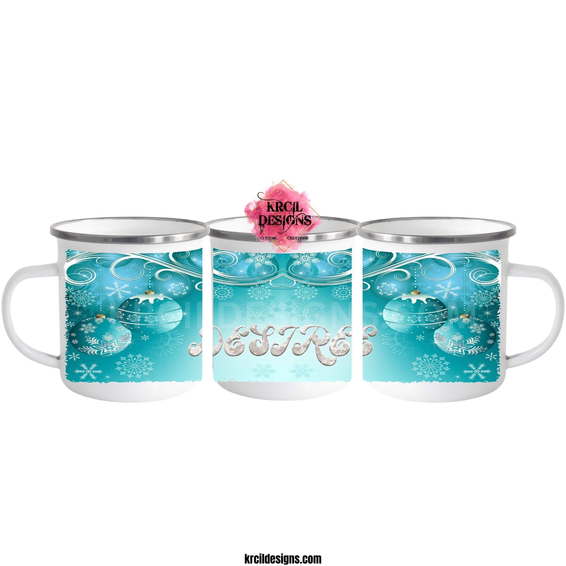 Your Name Winter Wonderland Personalized Christmas Mugs by Krcil Designs | Picture a turquoise winter wonderland, glistening ornaments, delicate snowflakes, elegant scrolls, all beautifully framing your name in silver faux glitter letters. Each sip from this mug is a journey into a wintery dream. Whether you're sipping hot cocoa, coffee, or your favorite festive brew, this mug is a reminder that the most wonderful time of the year is here! Shop Christmas Mugs at KrcilDesigns.com