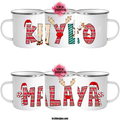 Personalized Christmas Mugs by KrcilDesigns.com | Graphic design on camp mugs, features your name, in name style options: "Christmas" and "Ugly Sweater" where the designs of the letters have festive Christmas patterns. The playful letters are adorned with the characters Santa, Reindeers, and Rudolph's Red Nose, Reindeer Antlers, even Santa's Hats and Candy Canes.