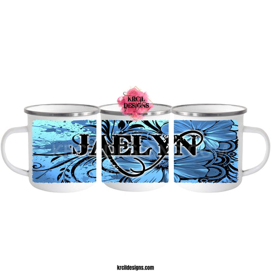 Personalized Coffee Mugs by Krcil Designs | Blue Blossom Swirl Showcasing your name and a stunning blue flower design with a delicate scroll motif. | Let our custom coffee cups do the talking with our collection of personalized mugs. Personalize It - add name, monogram. For the ultimate coffee lovers gift, add our dish cloths and dish towels sets, they pair perfect with our coffee mugs. Shop Coffee Mugs at KrcilDesigns.com