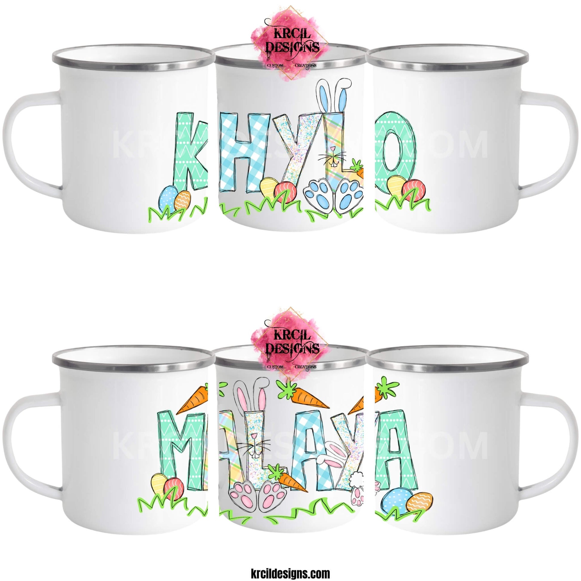 Easter Personalized Coffee Mugs by KrcilDesigns.com | Graphic design on white camp mugs, features your name, the letters are in different easter pastel patterns, one letter has a pink or blue Easter bunny character with bunny ears, bunny feet, and bunny tail, other letters have bunnies hop into them. Surrounding the letters are colorful Easter eggs, carrots, and the letters atop a row of grass. Add the kids names and make it truly yours!