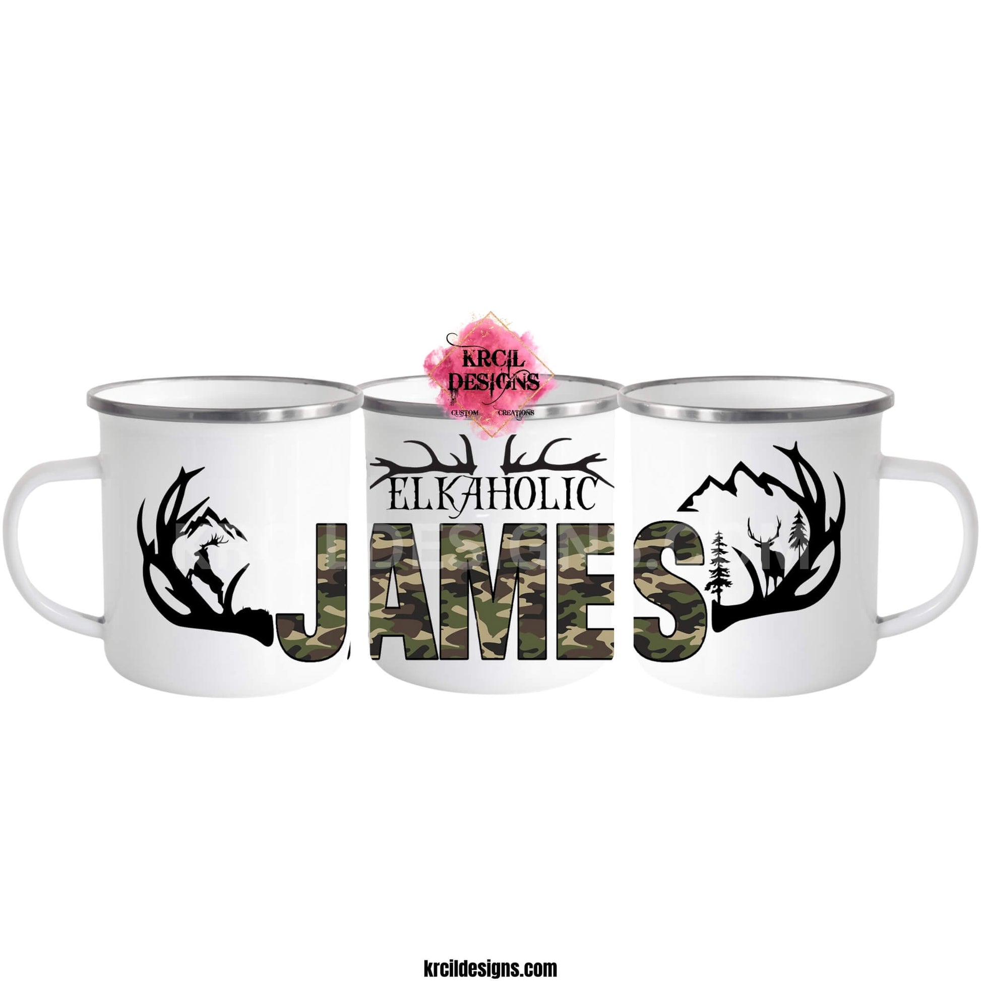 Personalized Coffee Mugs by Krcil Designs | Camouflage "ELKAHOLIC" Hunters Mugs | Let our custom coffee cups do the talking with our collection of personalized mugs. Personalize It - add name, monogram, make a one-of-a-kind picture collage photo cup - the picture-perfect present! For the ultimate coffee lovers gift, add our dish cloths and dish towels sets, they pair perfect with our coffee mugs. Shop Coffee Mugs at KrcilDesigns.com