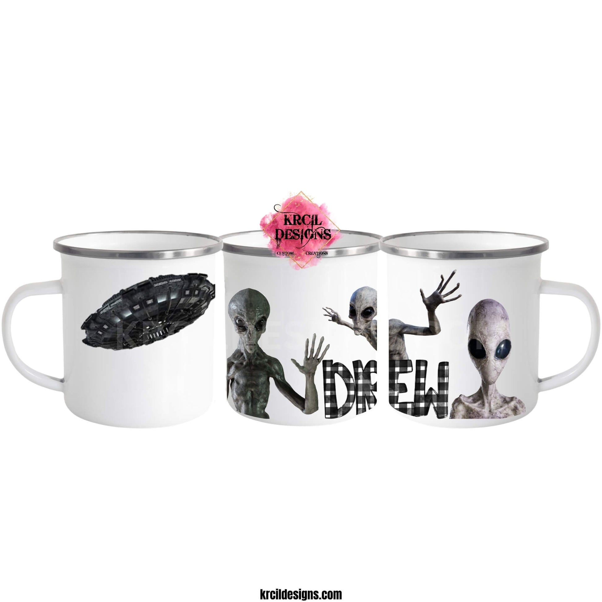 UFO & Aliens Personalized Coffee Mugs by Krcil Designs | Attention Earthlings! Beam up your morning brew to the next galaxy while you await the arrival of your next UFO. | Let our custom coffee cups do the talking with our collection of personalized mugs. Personalize It - add name, monogram. Add our dish cloth and dish towel sets, perfectly paired with our cups and mugs. For the ultimate coffee lovers gift, explore our sets and bundles. Shop Coffee Mugs at KrcilDesigns.com