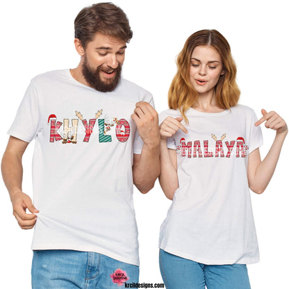 Christmas Personalized Name Shirts by KrcilDesigns.com | A couple wearing family Christmas shirts, showing our name style options: Christmas, Ugly Sweater, Santa & Elf, where the designs of the letters have festive Christmas patterns. The playful letters are adorned with the characters Santa, Reindeers, Elves, and Rudolph's Red Nose, Reindeer Antlers, even Santa's Hats, Candy Canes, Santa's Milk and Cookies.