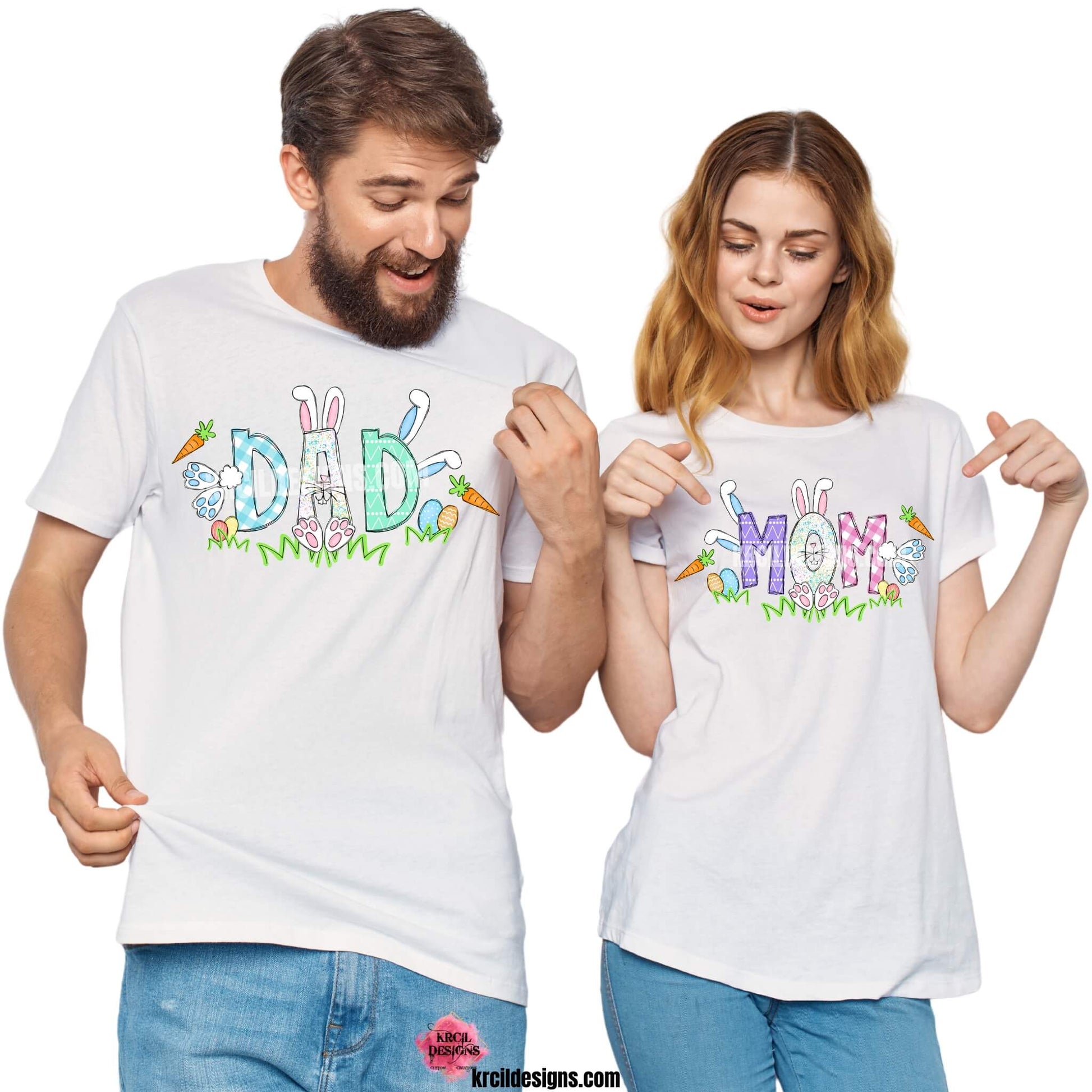 Easter Personalized Name Shirts by KrcilDesigns.com | Graphic design on white t-shirts, features your name, the letters are in different easter pastel patterns, one letter has a pink or blue Easter bunny character with bunny ears, bunny feet, and bunny tail, other letters have bunnies hopping into them. Surrounding the letters are colorful Easter eggs, carrots, and the letters atop a row of grass. Add the kids names and make it truly yours!