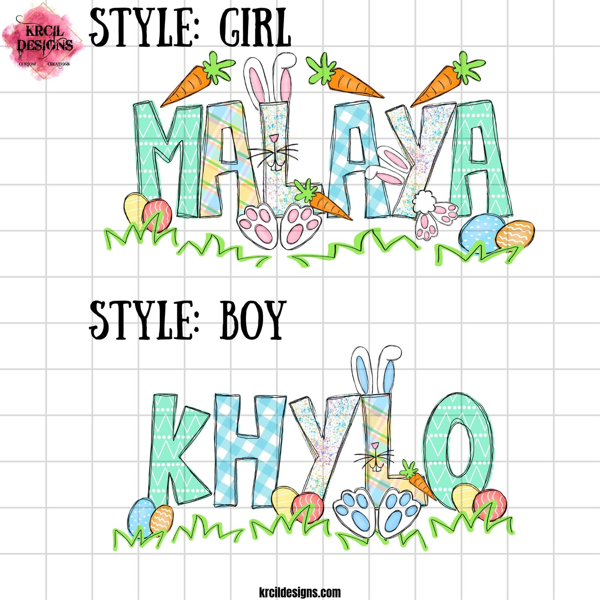 Easter Personalized Name Shirts by KrcilDesigns.com | Name styles options for your name, the letters are in different easter pastel patterns, one letter has a pink or blue Easter bunny character with bunny ears, bunny feet, and bunny tail, other letters have bunnies hopping into them. Surrounding the letters are colorful Easter eggs, carrots, and the letters atop a row of grass. Add the kids names and make it truly yours!