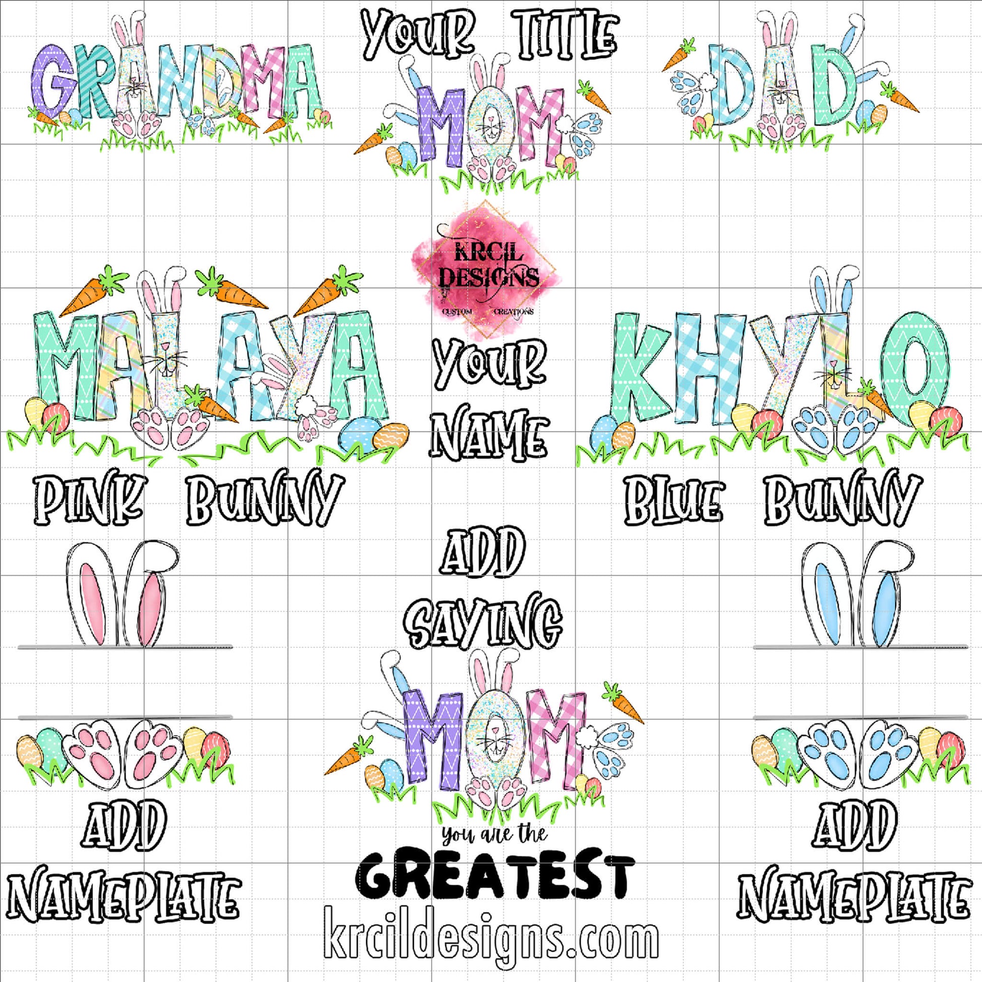 Easter Personalized Name Shirts by KrcilDesigns.com | Name styles options for your name, the letters are in different easter pastel patterns, one letter has a pink or blue Easter bunny character with bunny ears, bunny feet, and bunny tail, other letters have bunnies hopping into them. Surrounding the letters are colorful Easter eggs, carrots, and the letters atop a row of grass. Add the kids names and make it truly yours!