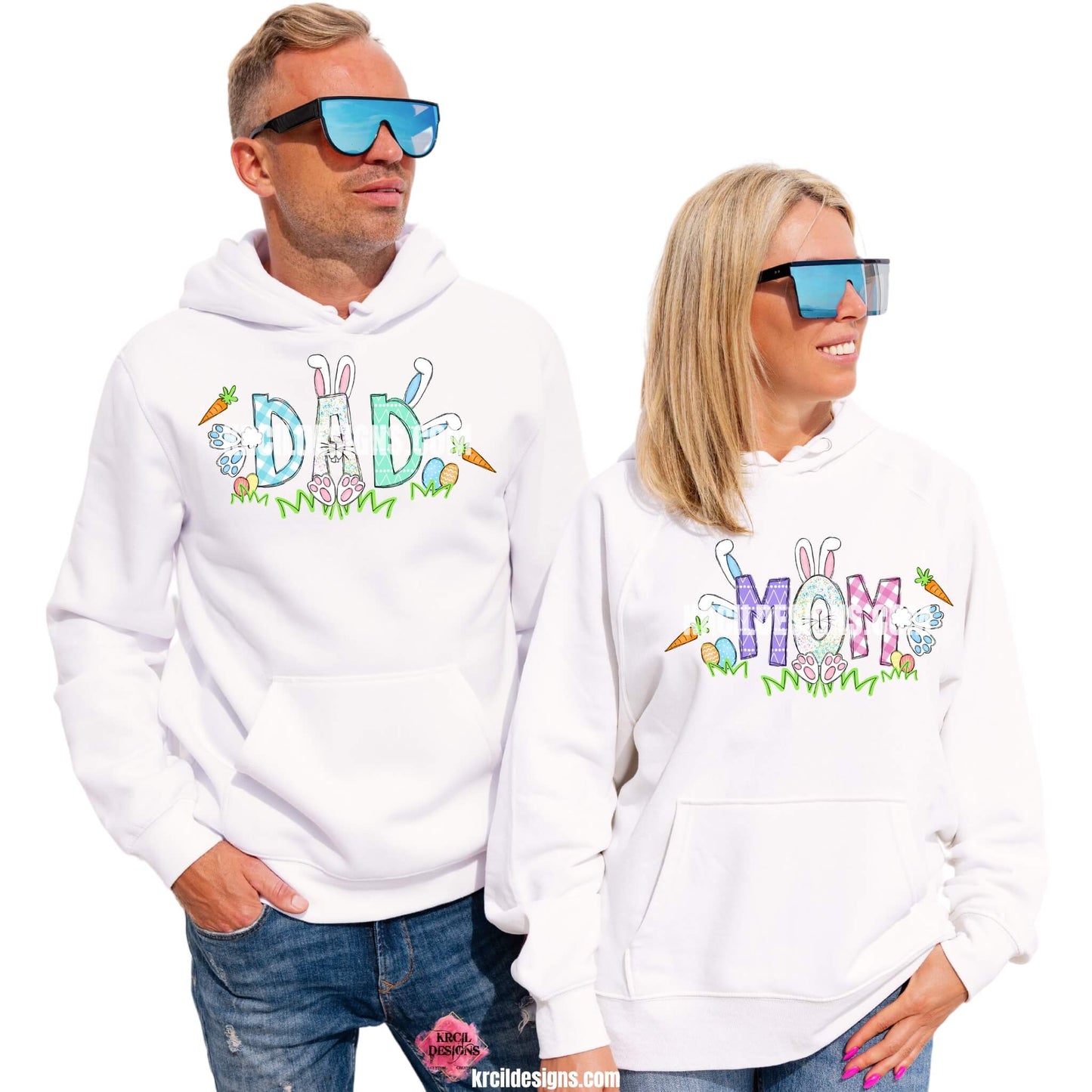 Easter Personalized Name Shirts, Sweatshirts, Hoodies, by KrcilDesigns.com | Graphic design on white hoodies, features your name, the letters are in different easter pastel patterns, one letter has a pink or blue Easter bunny character with bunny ears, bunny feet, and bunny tail, other letters have bunnies hopping into them. Surrounding the letters are colorful Easter eggs, carrots, and the letters atop a row of grass. Add the kids names and make it truly yours!
