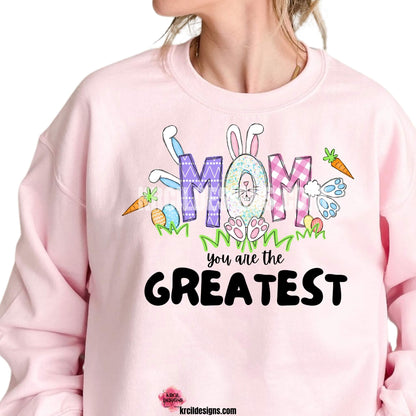 Easter Personalized Name Shirts, Sweatshirts and Hoodies by KrcilDesigns.com | Pink crewneck sweatshirt, features your name, the letters are in different easter pastel patterns, one letter has a pink or blue Easter bunny character with bunny ears, bunny feet, and bunny tail, other letters have bunnies hopping into them. Surrounding the letters are colorful Easter eggs, carrots, and the letters atop a row of grass. Add the kids names and make it truly yours!