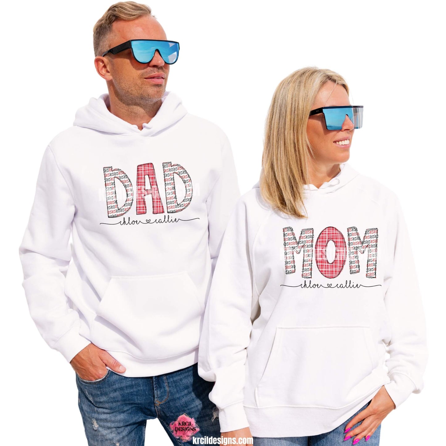 Your Family Name with Kids Names Valentines Personalized Name Shirts, Sweatshirts, Hoodies, by KrcilDesigns.com | Graphic design on white hoodies, features your name, with red plaid and XOXO patterned letters, featuring kids’ names handwritten below in script font with a heart in-between names.