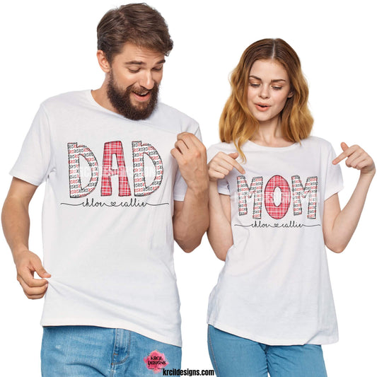 Your Family Name with Kids Names Valentines Personalized Name Shirts by KrcilDesigns.com | Graphic design on white t-shirts, features your name, with red plaid and XOXO patterned letters, featuring kids’ names handwritten below in script font with a heart in-between names.