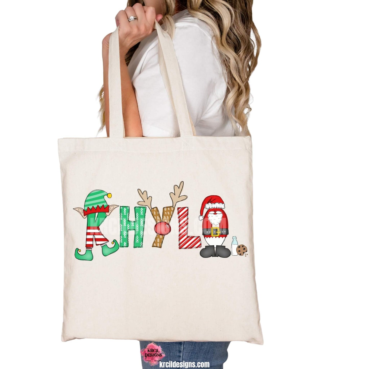 Christmas Personalized Tote Bags by KrcilDesigns.com | Graphic Design on a canvas tote bag, features your name,  in name style option: "Santa & Elf" where the designs of the letters are different festive Christmas patterns. The playful letters adorned with Santa, His Elf, Rudolph's Red Nose, Reindeer Antlers, and even Santa's Milk and Cookies.