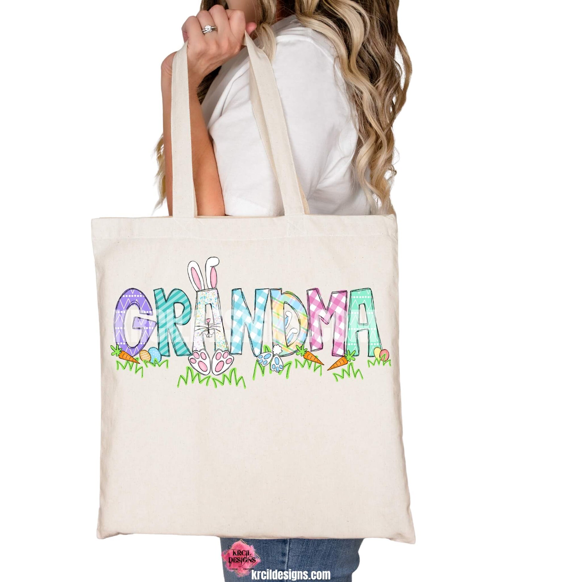 Easter Personalized Tote Bags by KrcilDesigns.com | Graphic design on a canvas tote bag, features your name, the letters are in different easter pastel patterns, one letter has a pink or blue Easter bunny character with bunny ears, bunny feet, and bunny tail, other letters have bunnies hop into them. Surrounding the letters are colorful Easter eggs, carrots, and the letters atop a row of grass. Add the kids names and make it truly yours!