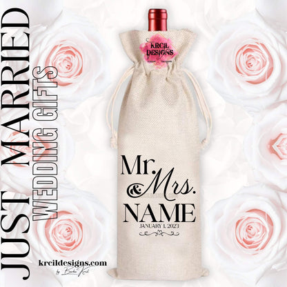Mr. and Mrs. Personalized Wine Tote Bag — Custom Wedding Gifts — Fits 750ml Bottles and Our Skinny Tumblers — Krcil Designs, Gillette, WY
