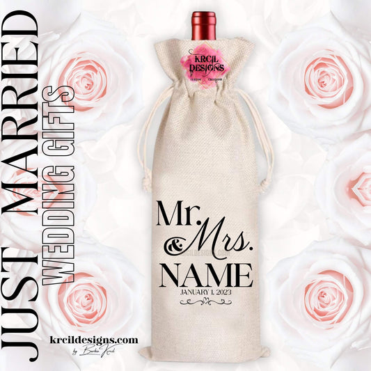 Mr. and Mrs. Personalized Wine Tote Bag — Custom Wedding Gifts — Fits 750ml Bottles and Our Skinny Tumblers — Krcil Designs, Gillette, WY