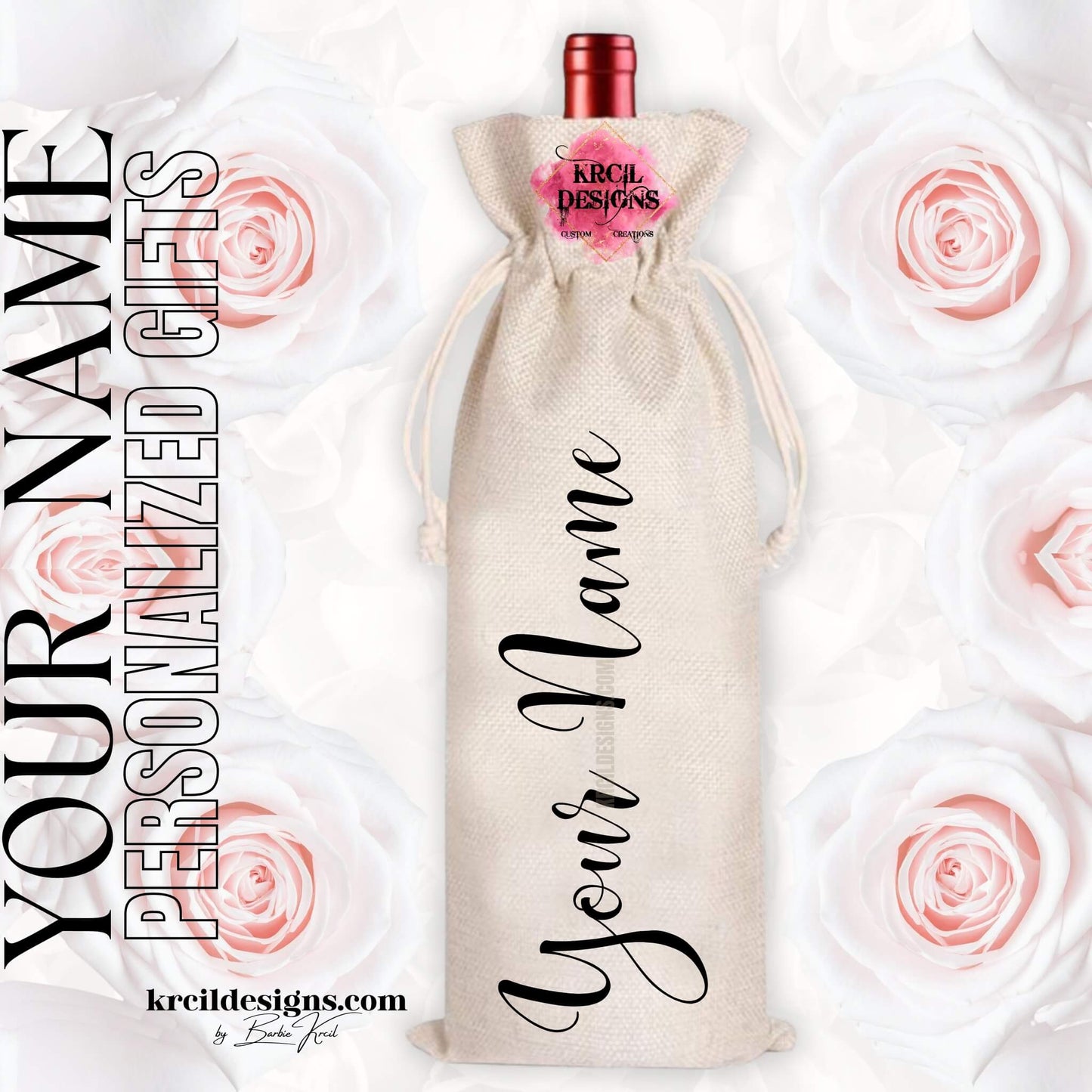 Your Name Personalized Wine Tote Bag — Custom Cursive Name Personalized Gifts — Fits 750ml Bottles and Our Skinny Tumblers — Krcil Designs, Gillette, WY