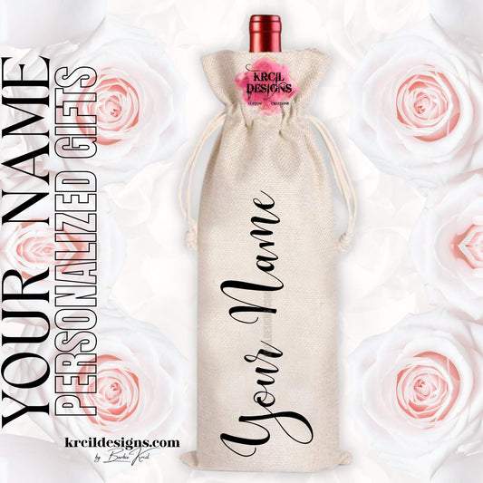Your Name Personalized Wine Tote Bag — Custom Cursive Name Personalized Gifts — Fits 750ml Bottles and Our Skinny Tumblers — Krcil Designs, Gillette, WY
