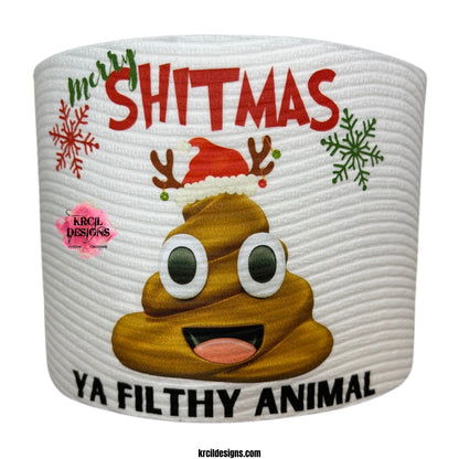 Christmas Funny Novelty Toilet Paper Roll Gag Gift | Poop Emoji "Merry SHITMAS YA FILTHY ANIMAL" | Custom Toilet Paper by Krcil Designs | Need a funny gift? These funny toilet paper rolls are the ultimate gift for those who love pranks. Personalized toilet paper roll, add face of the jokester in your family, add saying, and you have the cheapest custom gift you can find. Need a gift card holder? Insert cash or gift card into the middle. Design Your Own at KrcilDesigns.com