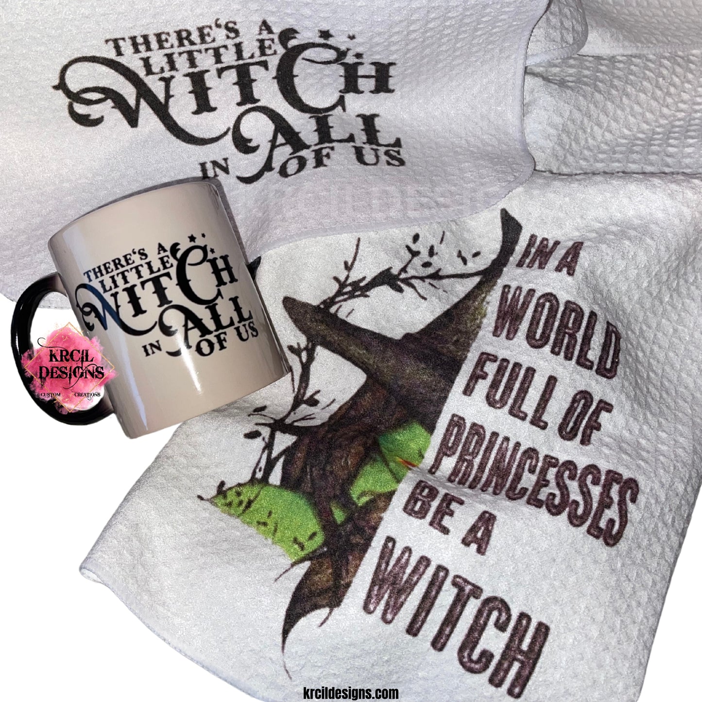 Halloween Princess Witch Sets and Bundles includes Your Choice of Coffee Cup or Mug &/or a Matching Dish Cloth & Towel Set ~ CUSTOMIZE ME ~ YOU PICK ANY DESIGN, IMAGE, OR TEXT & WE MAKE IT! ~ Thank you for stopping by KRCIL DESIGNS! We hope you enjoy your stay! Happy Shopping! ~ KRCIL DESIGNS specializes in customization and personalization of apparel and drinkware items, creating unique one-of-a-kind personalized custom gifts. For your personal custom order visit us at krcildesigns.com