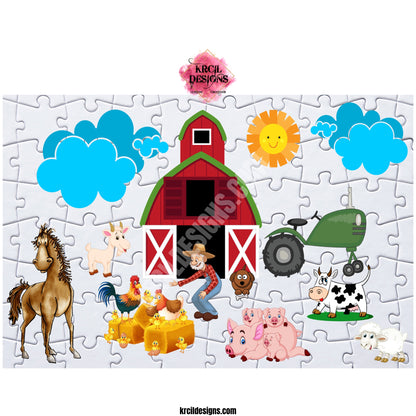 Old MacDonald Farm Personalized Puzzle by Krcil Designs | This charming puzzle features a white backdrop and showcases a barn, sun, fluffy clouds, a delightful cast of farm animals, and a green tractor. Arrives fully assembled with a reference picture. Learning about farm life has never been this fun, making it the perfect gift for little farmers. It's easy, educational, and fun – a delightful way to spark their love for the farm! Give the ultimate gift by adding a tote bag! KrcilDesigns.com