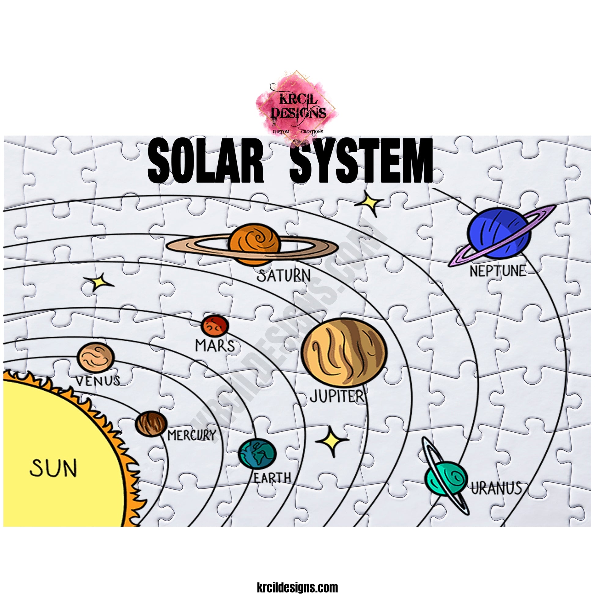 Your Name Solar System Personalized Puzzle by Krcil Designs | This planets puzzle is tailor-made for young children and it's a easy to complete with a white backdrop. Arrives fully assembled with an included reference picture. They'll explore the sun, the planets, and their names, all while having a blast. Learning about the solar system has never been this fun for the little ones, it's easy, educational, and fun - ignite their passion for space! Give the ultimate gift by adding a tote bag! KrcilDesigns.com