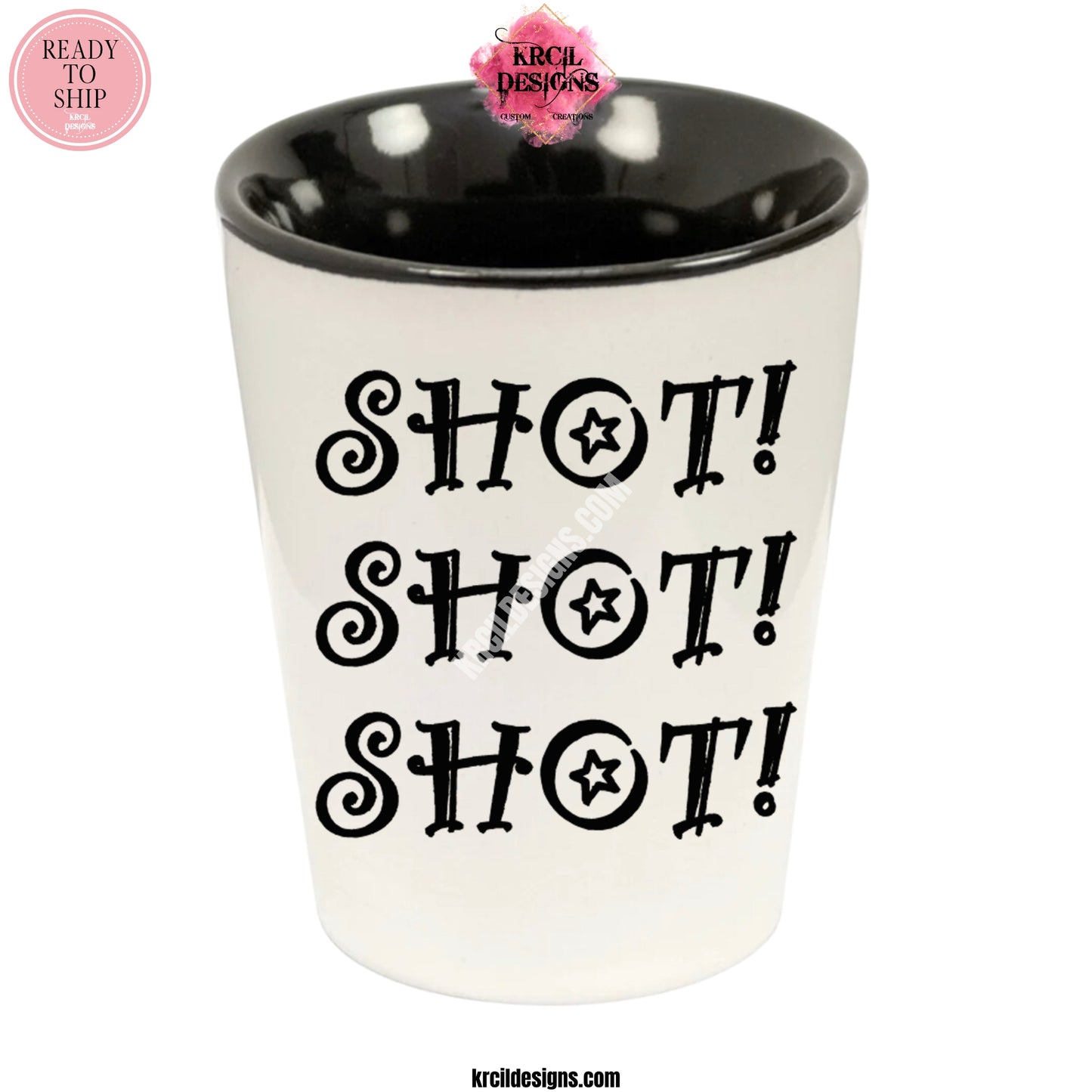 "SHOT SHOT SHOT" Shot Glass by Krcil Designs | Get ready to toast to the good times with our custom personalized shot glasses, perfect for the man cave. Pair them with your favorite bottle of liquor and put them in a basket for the ultimate gift. Don't forget to add the matching dish cloth tea towel set! Explore our sets and bundles options for gift ideas. Perfect for birthdays and holidays. Two toned, black interior, white exterior, ceramic shot glass. KrcilDesigns.com