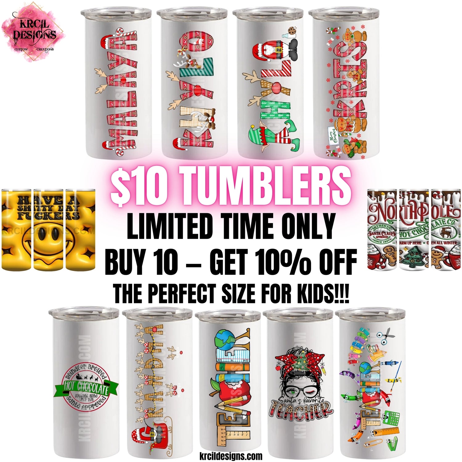 $10 12oz. Tumblers Cups Sale | Design Your Own Tumblers with Krcil Designs! | Let our custom tumblers do the talking with our collection of personalized tumblers with names to a photo tumbler, make a one-of-a-kind picture collage photo tumbler - the picture-perfect present! Brand your business with our custom logo tumbler they make great business promotional products. Insulated stainless steel tumbler cup include a plastic slide top lid and metal or plastic straw. Customize yours at KrcilDesigns.com